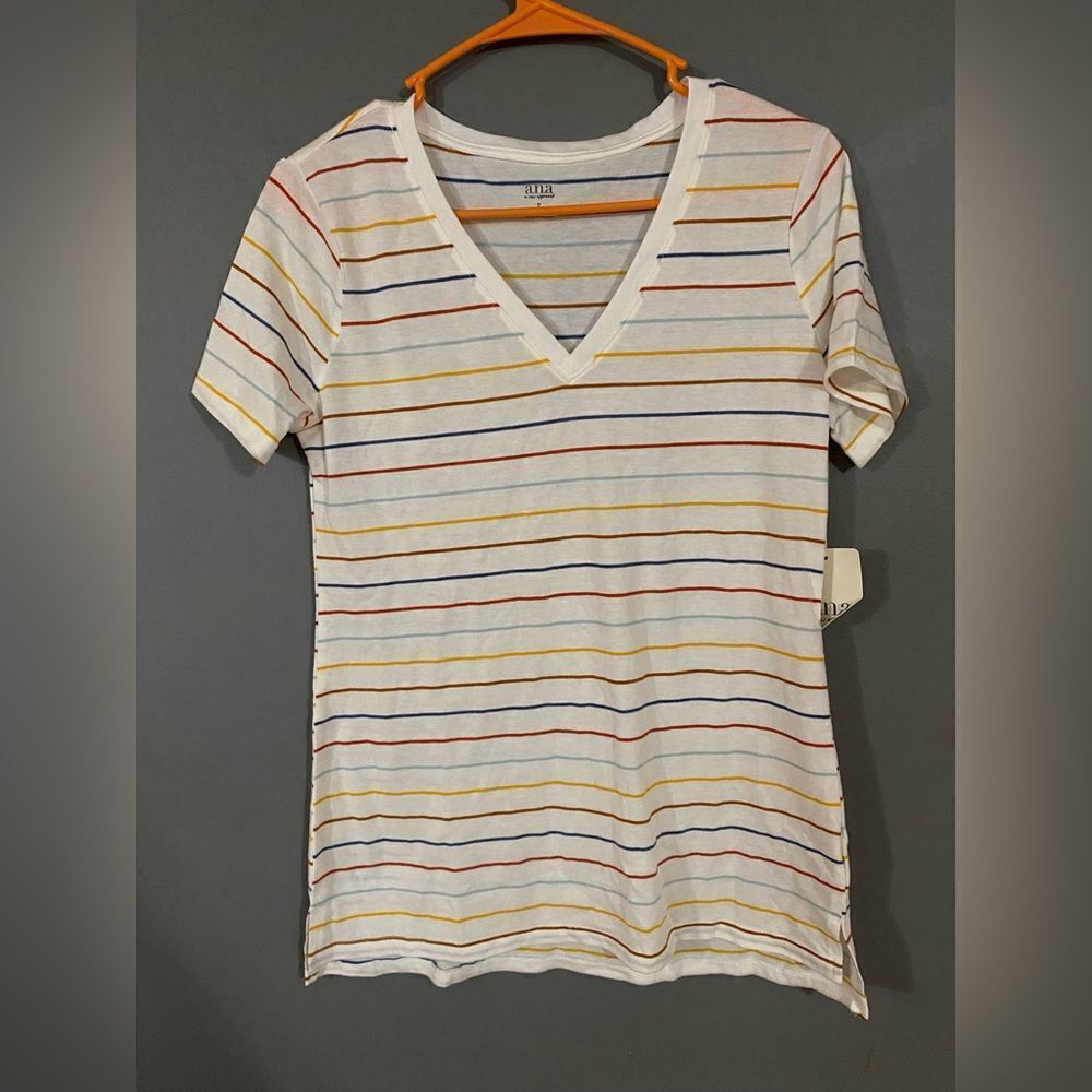 A.N.A Short Sleeve Stripped V Neck Shirt Size Small